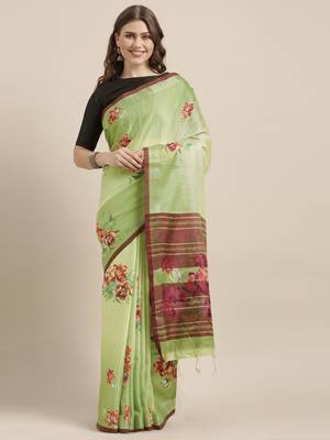 Green woven linen saree with blouse 1