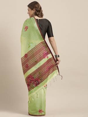 Green woven linen saree with blouse 5