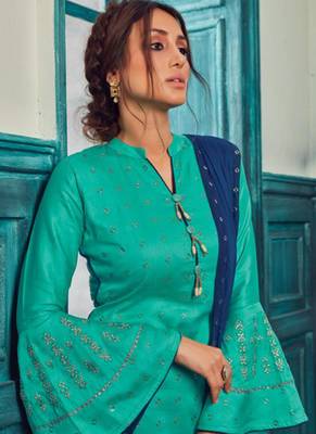Turquoise Satin Pakistani Salwar Kameez 2
