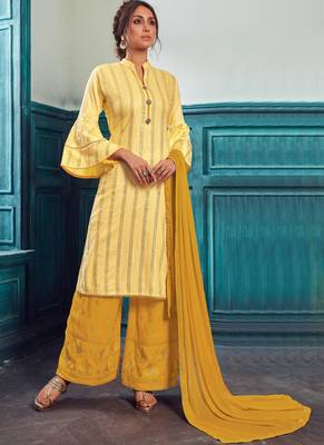 Light Yellow Satin Pakistani Salwar Kameez 1