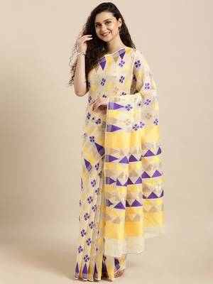 Cream Woven Cotton Silk Saree With Blouse 1