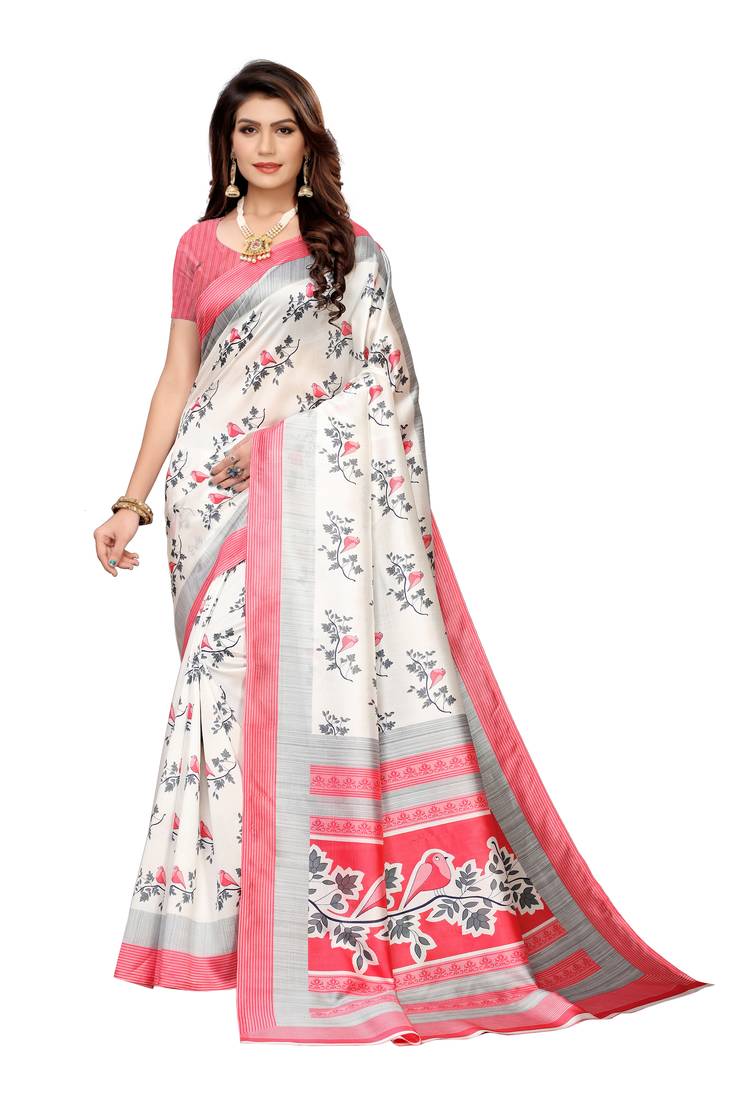 White And Pink Printed art silk Indian Style Saree With Blouse Piece