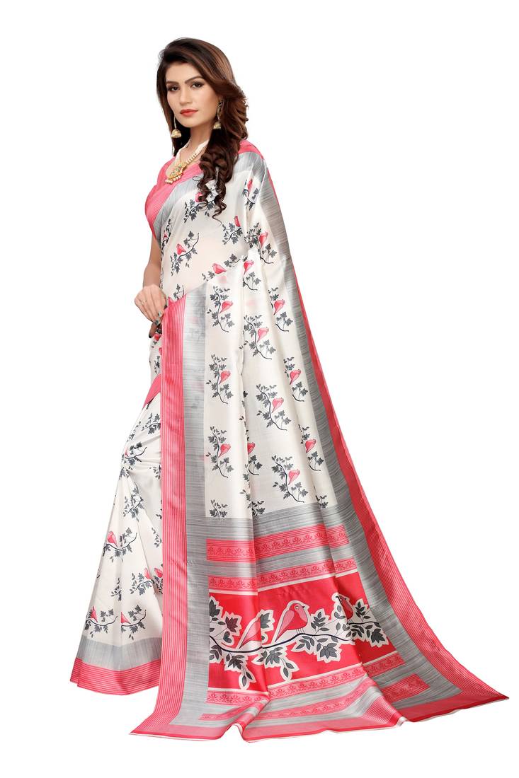 White And Pink Printed art silk Indian Style Saree With Blouse Piece