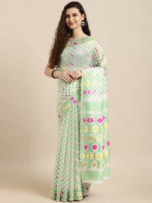 White Woven Cotton Silk Saree With Blouse 1
