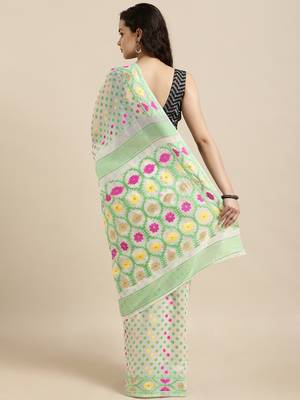 White Woven Cotton Silk Saree With Blouse 2