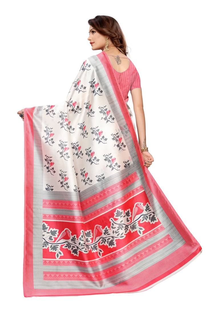 White And Pink Printed art silk Indian Style Saree With Blouse Piece