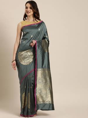 Grey woven silk blend saree with blouse 1