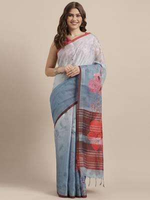 Blue woven linen saree with blouse 1