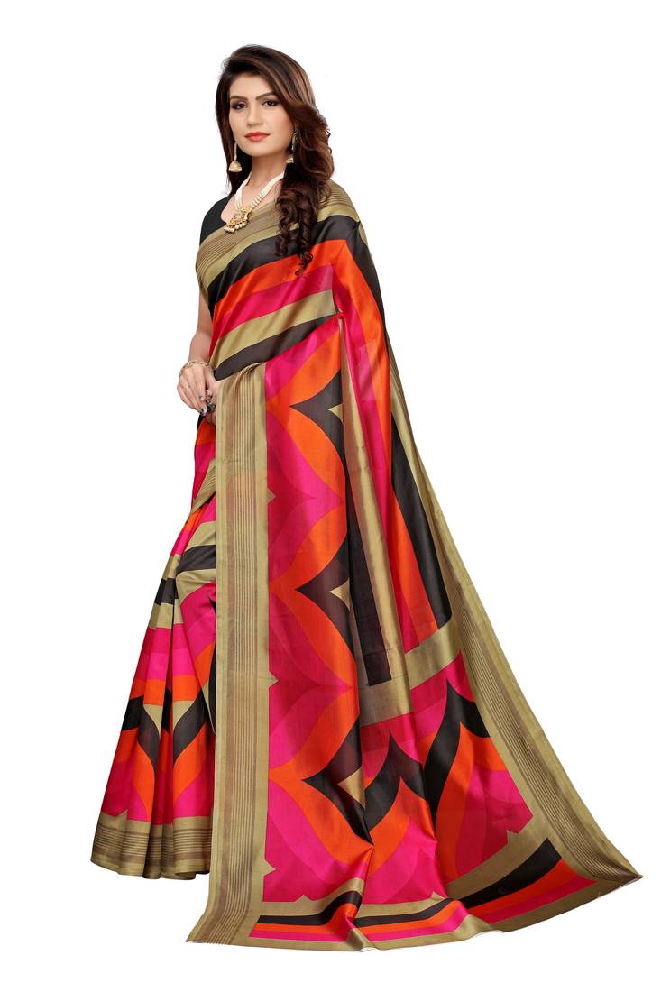 Multi Color Printed art silk Indian Style Saree With Blouse Piece