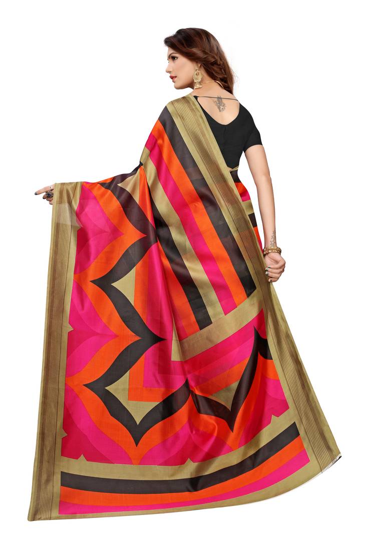 Multi Color Printed art silk Indian Style Saree With Blouse Piece
