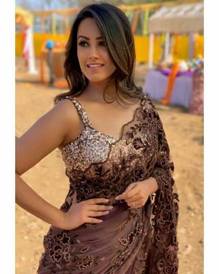 Coffee embroidered net saree with blouse 1