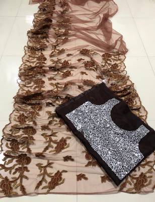 Coffee embroidered net saree with blouse 2