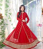Red & Cream Embroidered  Net & Georgette Semi Stitched Anarkali Suit