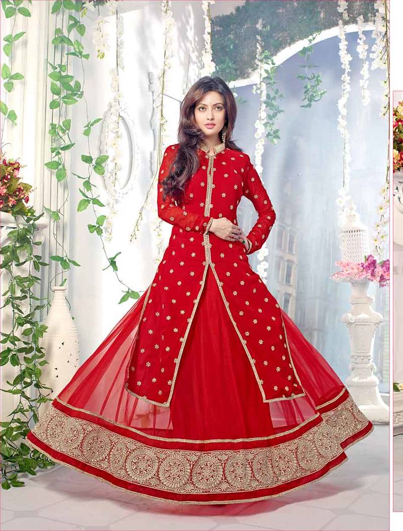 Red & Cream Embroidered  Net & Georgette Semi Stitched Anarkali Suit