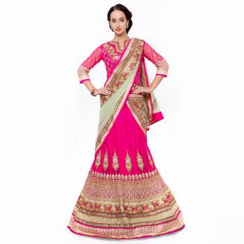 Pink Embroidered Net Semi Stitched Lehenga 1