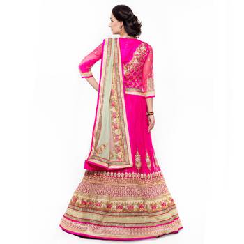 Pink Embroidered Net Semi Stitched Lehenga 3