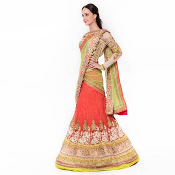 Orange Embroidered Net Semi Stitched Lehenga 2