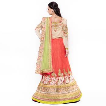 Orange Embroidered Net Semi Stitched Lehenga 3