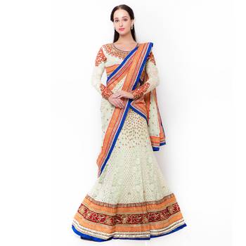 Off-White Embroidered Net Semi Stitched Lehenga 1