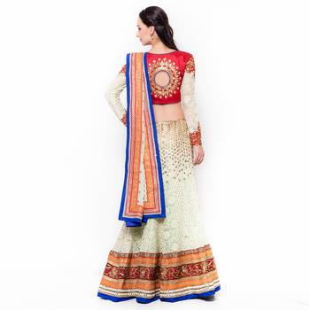 Off-White Embroidered Net Semi Stitched Lehenga 3