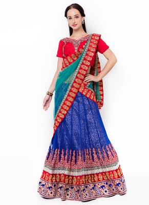 Blue Embroidered Net Semi Stitched Lehenga 1