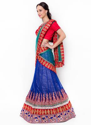 Blue Embroidered Net Semi Stitched Lehenga 2