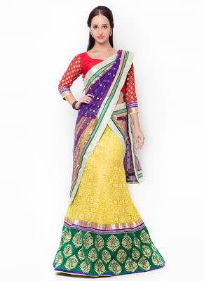 Yellow Embroidered Net Semi Stitched Lehenga 1