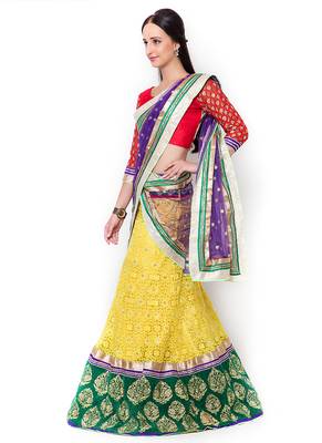 Yellow Embroidered Net Semi Stitched Lehenga 2
