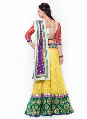 Yellow Embroidered Net Semi Stitched Lehenga 3
