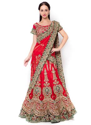 Red Embroidered Net Semi Stitched Lehenga 1