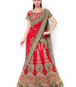 Red Embroidered Net Semi Stitched Lehenga