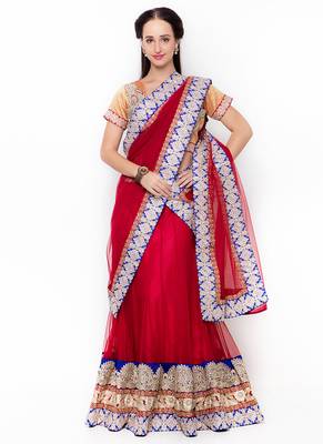 Red Embroidered Net Semi Stitched Lehenga 1