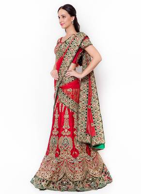 Red Embroidered Net Semi Stitched Lehenga 2