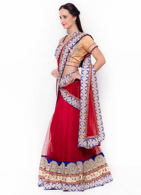 Red Embroidered Net Semi Stitched Lehenga 2