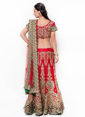 Red Embroidered Net Semi Stitched Lehenga 3
