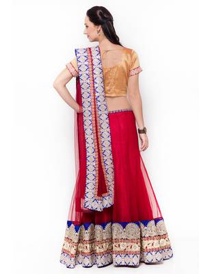 Red Embroidered Net Semi Stitched Lehenga 3
