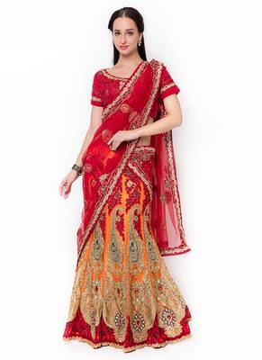 Red Embroidered Net Semi Stitched Lehenga 1