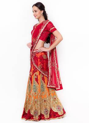 Red Embroidered Net Semi Stitched Lehenga 2