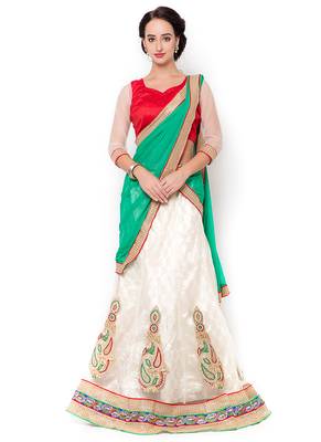 White Embroidered Net Semi Stitched Lehenga 1