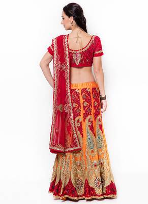 Red Embroidered Net Semi Stitched Lehenga 3