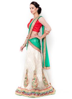 White Embroidered Net Semi Stitched Lehenga 2