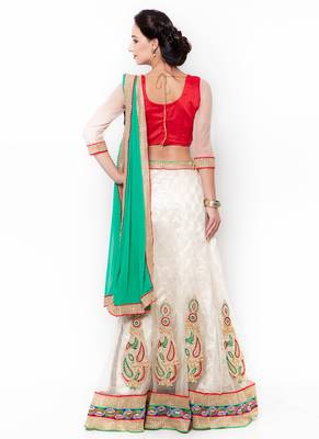 White Embroidered Net Semi Stitched Lehenga 3