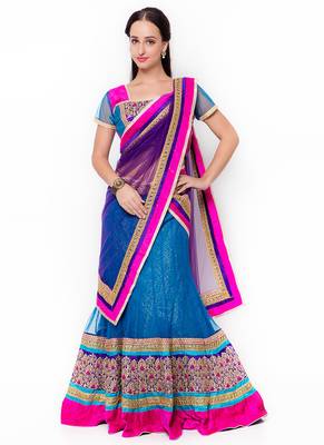 Blue Embroidered Net Semi Stitched Lehenga 1