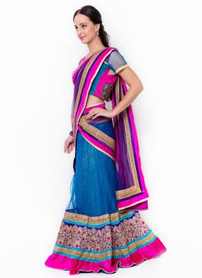 Blue Embroidered Net Semi Stitched Lehenga 2