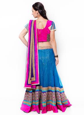 Blue Embroidered Net Semi Stitched Lehenga 3