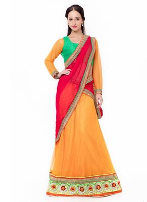 Yellow Embroidered Net Semi Stitched Lehenga 1