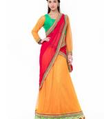 Yellow Embroidered Net Semi Stitched Lehenga