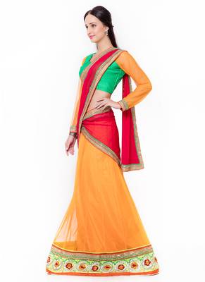 Yellow Embroidered Net Semi Stitched Lehenga 2