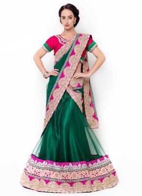 Green Embroidered Net Semi Stitched Lehenga 1