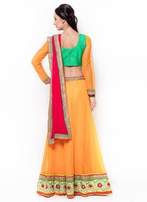 Yellow Embroidered Net Semi Stitched Lehenga 3